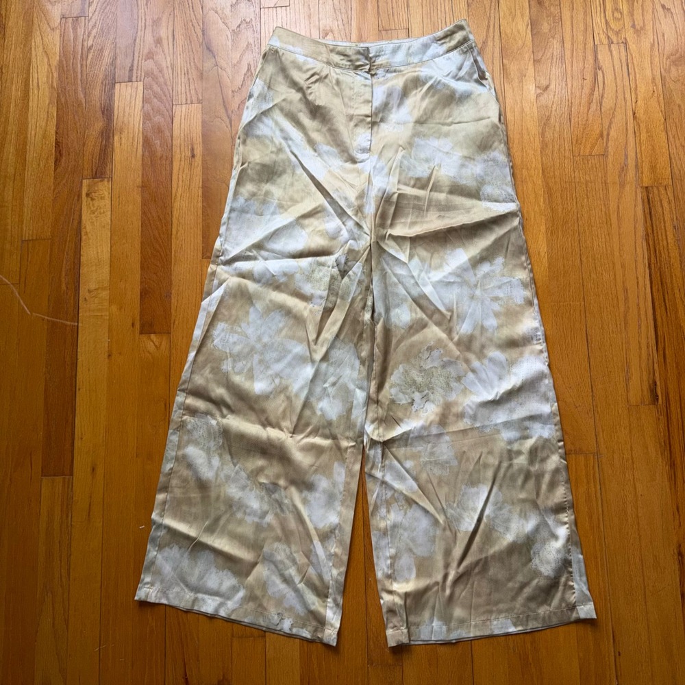 NEW Commense Floral Satin Wide Leg Pants High Rise Trousers L Chic Vacation
